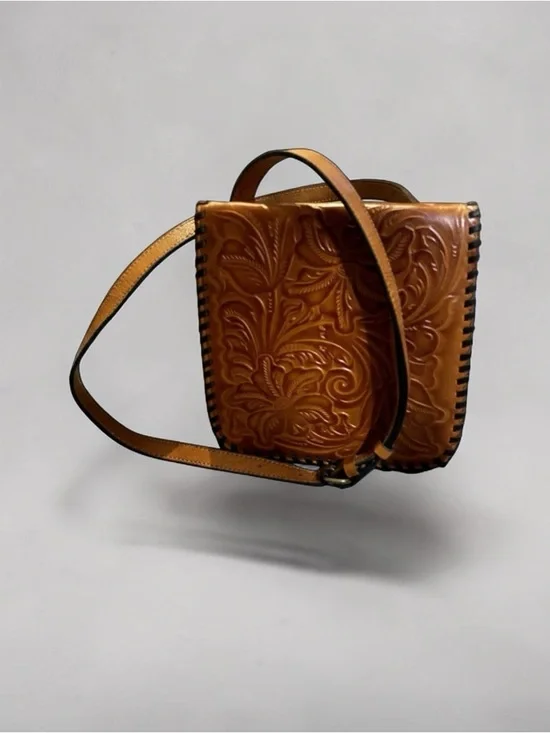 Patricia Nash Granada Tooled Leather Crossbody Bag Tan Floral Embossed - Picture 2 of 8